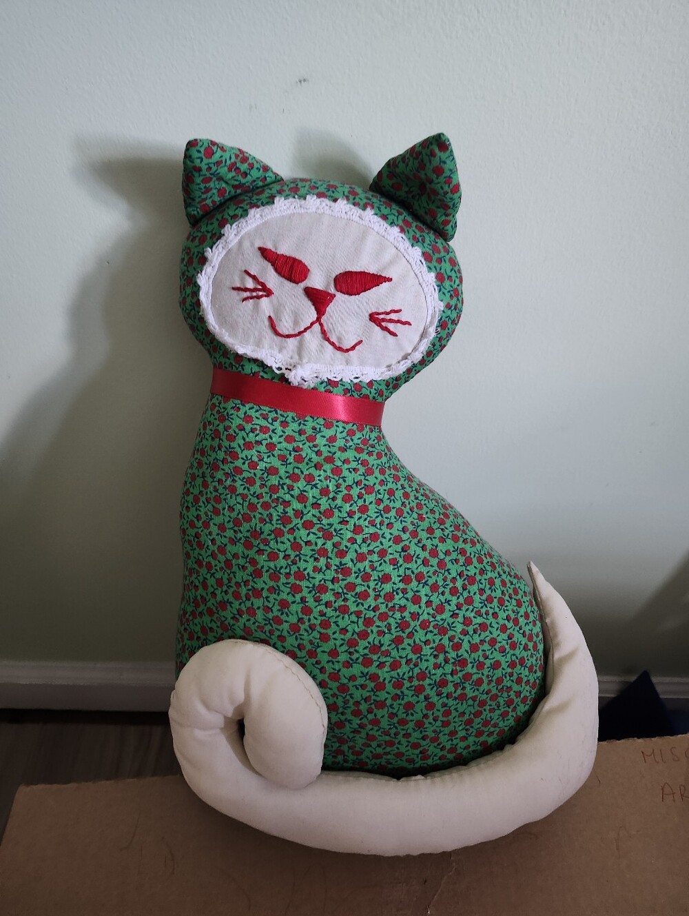 Handmade Green Floral Cat Plush Pillow - Red Accents Jean Suess